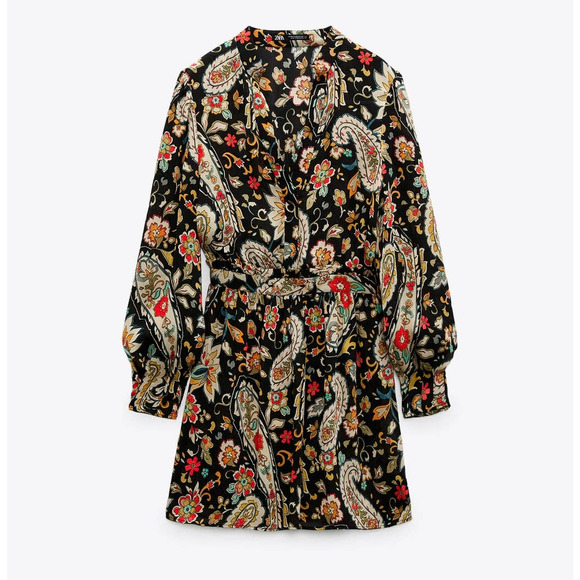 Zara Paisley Floral Printed Short V-neck Dress in Black - Picture 4 of 15